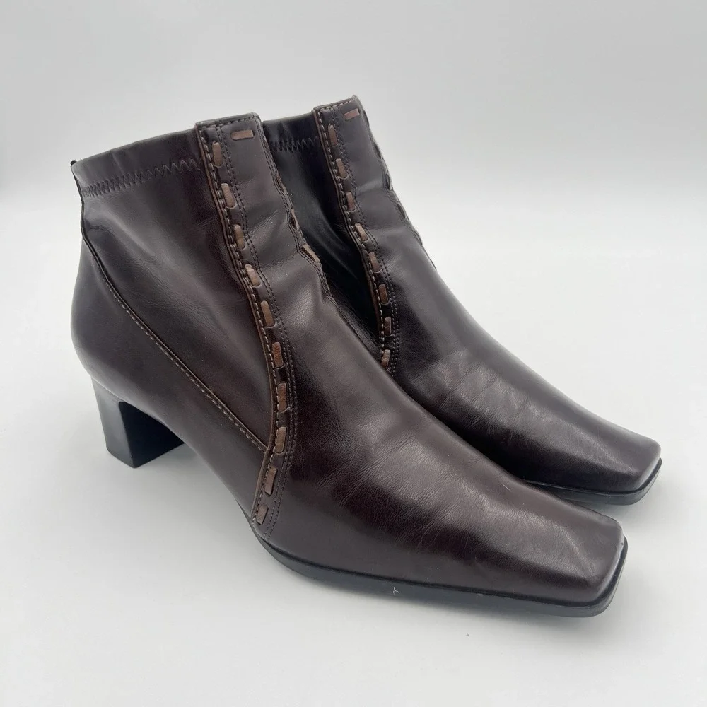 Franco Sarto Brown Leather Ankle Boots Block Heel Side Zip Women's 8M